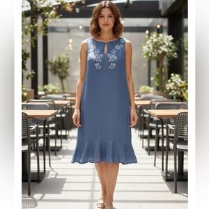 Luxology Blue Midi Dress with White Floral Detail Sz 12